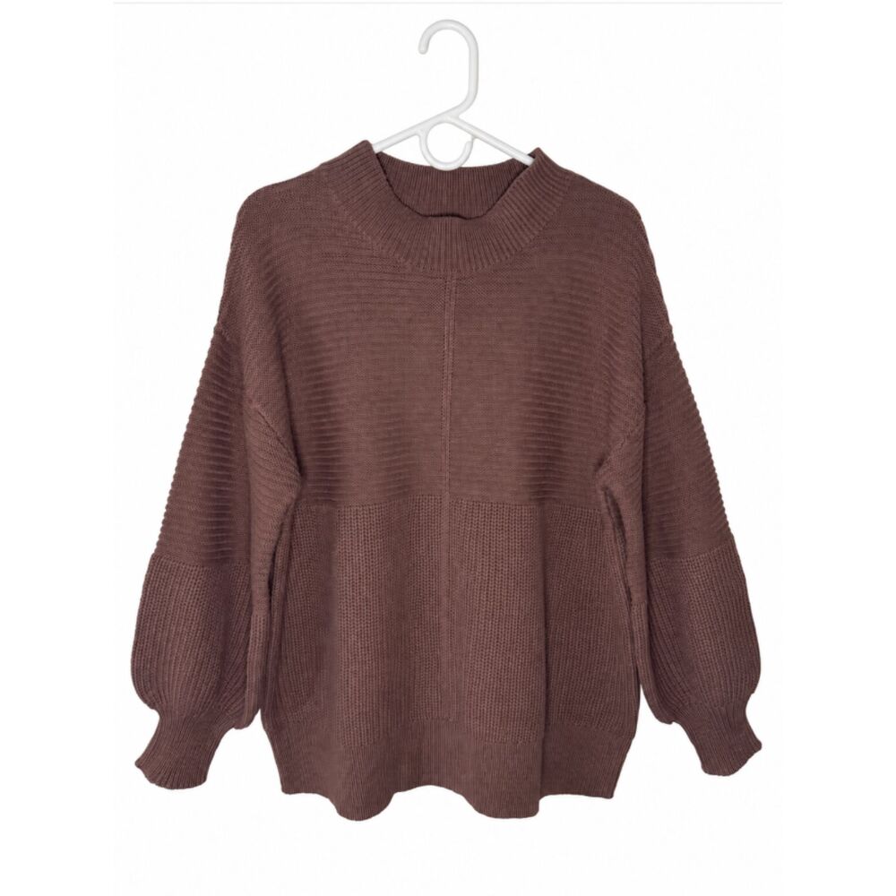 NWT BKE Brown Mock Neck Textured Knit Balloon Sleeve Sweater Womens S